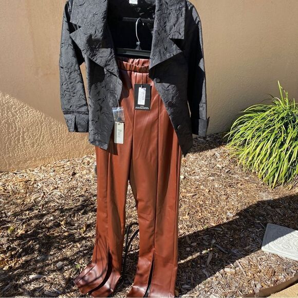 PRETTYLITTLETHING CHOCOLATE FAUX LEATHER SEAM DETAIL SPLIT HEM TROUSERS 8 NWT - Picture 2 of 16